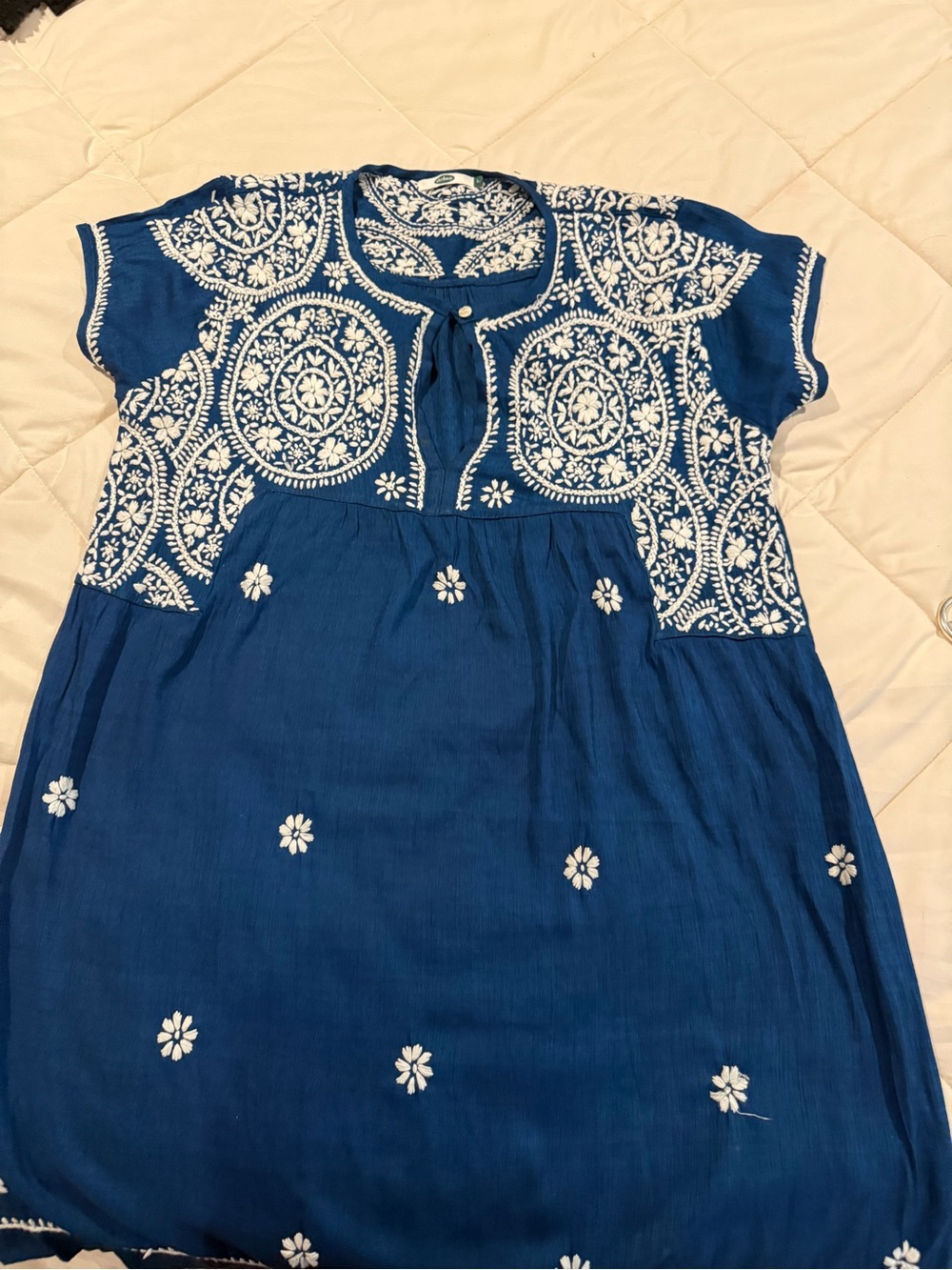 Blue Embroidered Casual Women's Dress with White Floral Detail